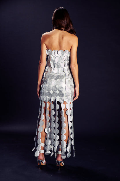 Georgie Girl Silver Strapless Disc Sequin Embellished Maxi Dress