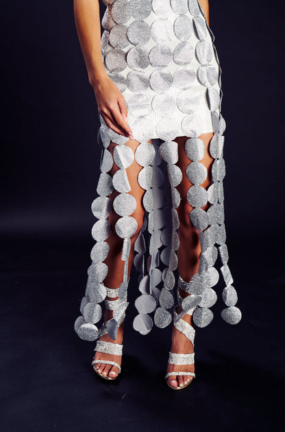Georgie Girl Silver Strapless Disc Sequin Embellished Maxi Dress