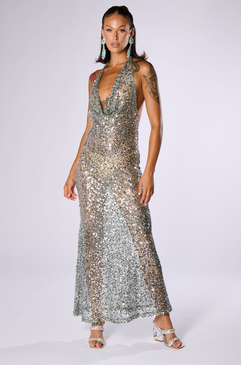 Georgie Girl Silver Sequin Deep V Halter Neck Backless Maxi Dress