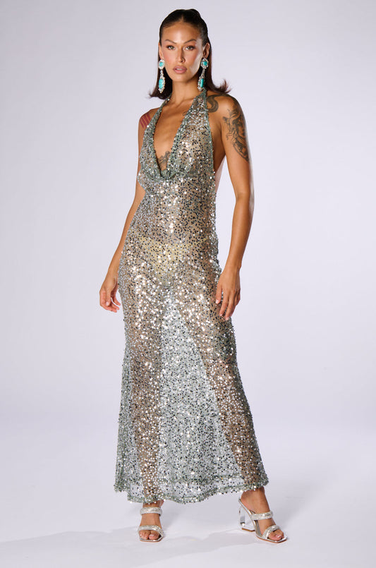 Georgie Girl Silver Sequin Deep V Halter Neck Backless Maxi Dress