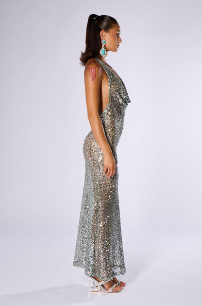Georgie Girl Silver Sequin Deep V Halter Neck Backless Maxi Dress