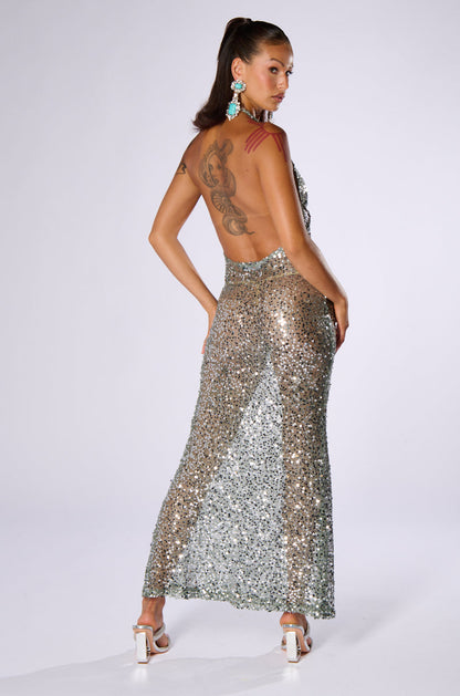 Georgie Girl Silver Sequin Deep V Halter Neck Backless Maxi Dress