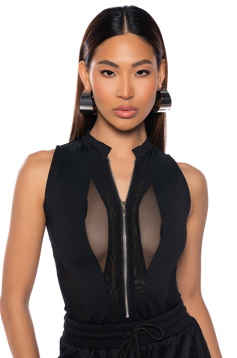 Georgie Girl Black Mesh Panel Zip Front Sleeveless Bodysuit