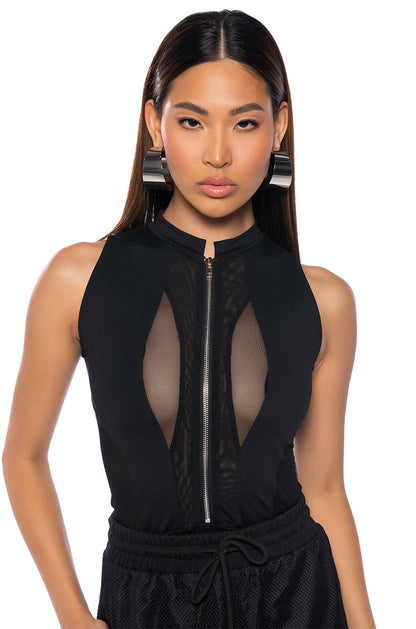 Georgie Girl Black Mesh Panel Zip Front Sleeveless Bodysuit
