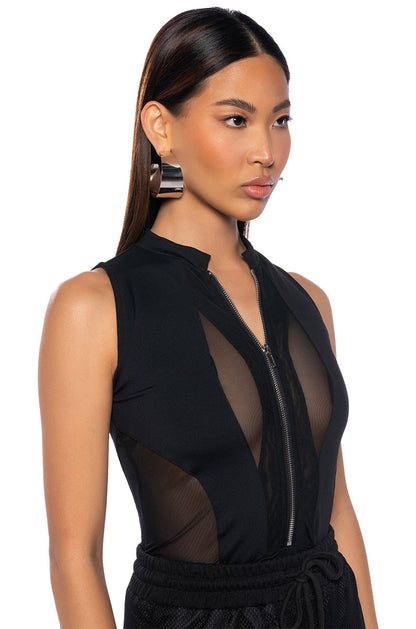 Georgie Girl Black Mesh Panel Zip Front Sleeveless Bodysuit