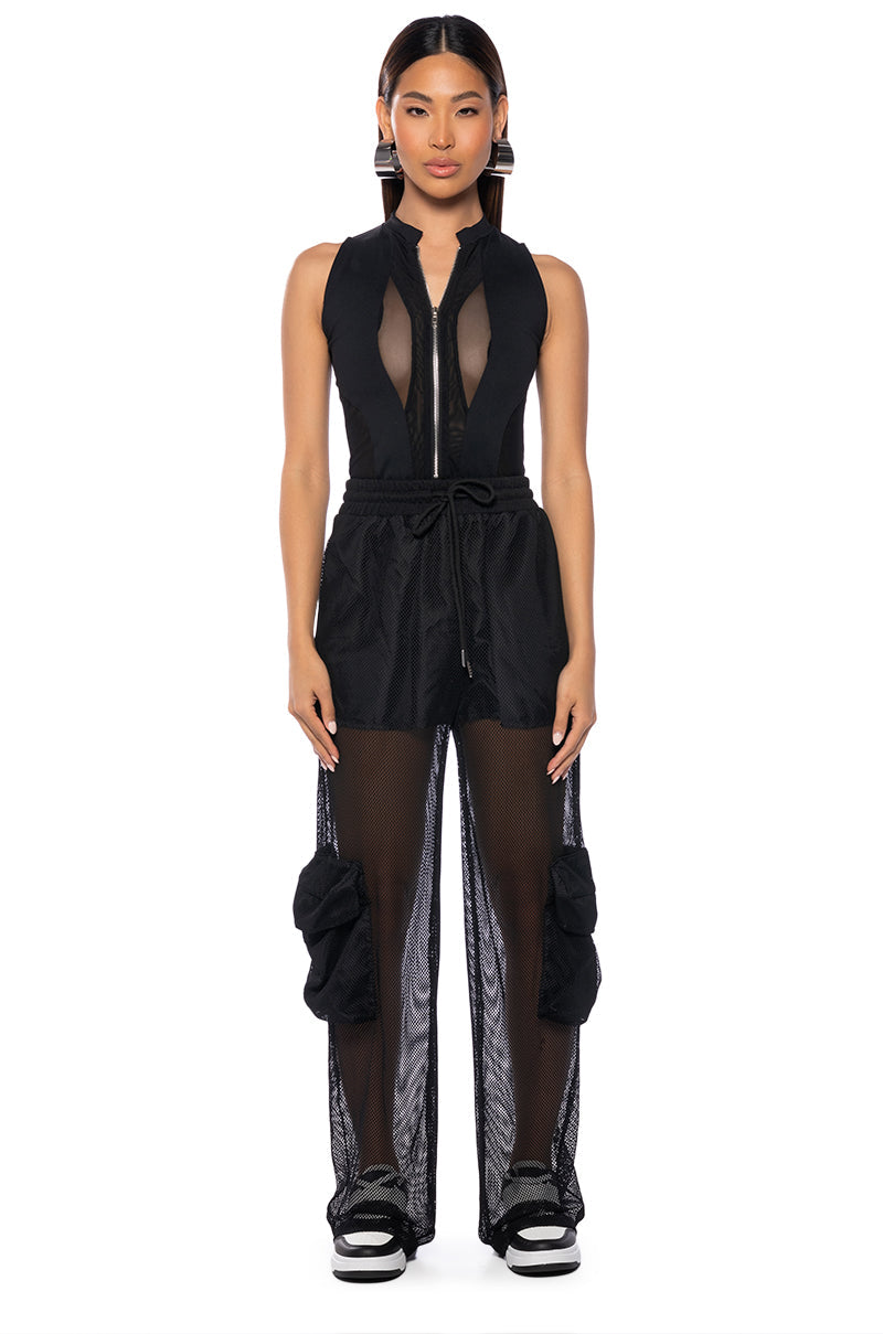 Georgie Girl Black Mesh Panel Zip Front Sleeveless Bodysuit