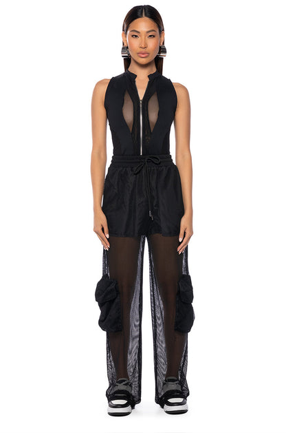 Georgie Girl Black Mesh Panel Zip Front Sleeveless Bodysuit