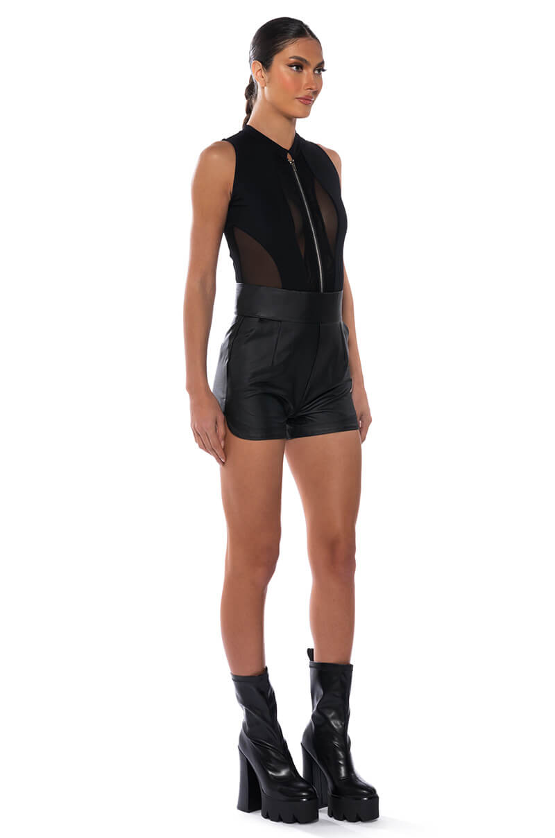 Georgie Girl Black Mesh Panel Zip Front Sleeveless Bodysuit