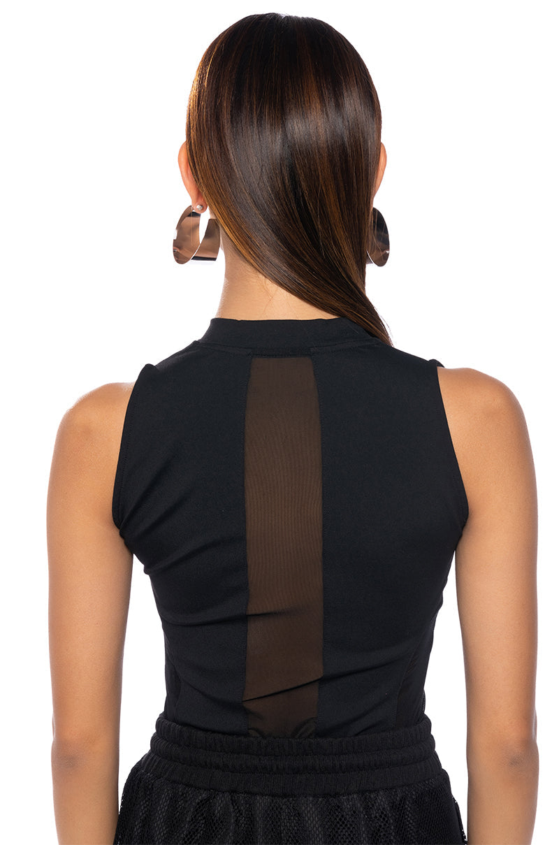 Georgie Girl Black Mesh Panel Zip Front Sleeveless Bodysuit